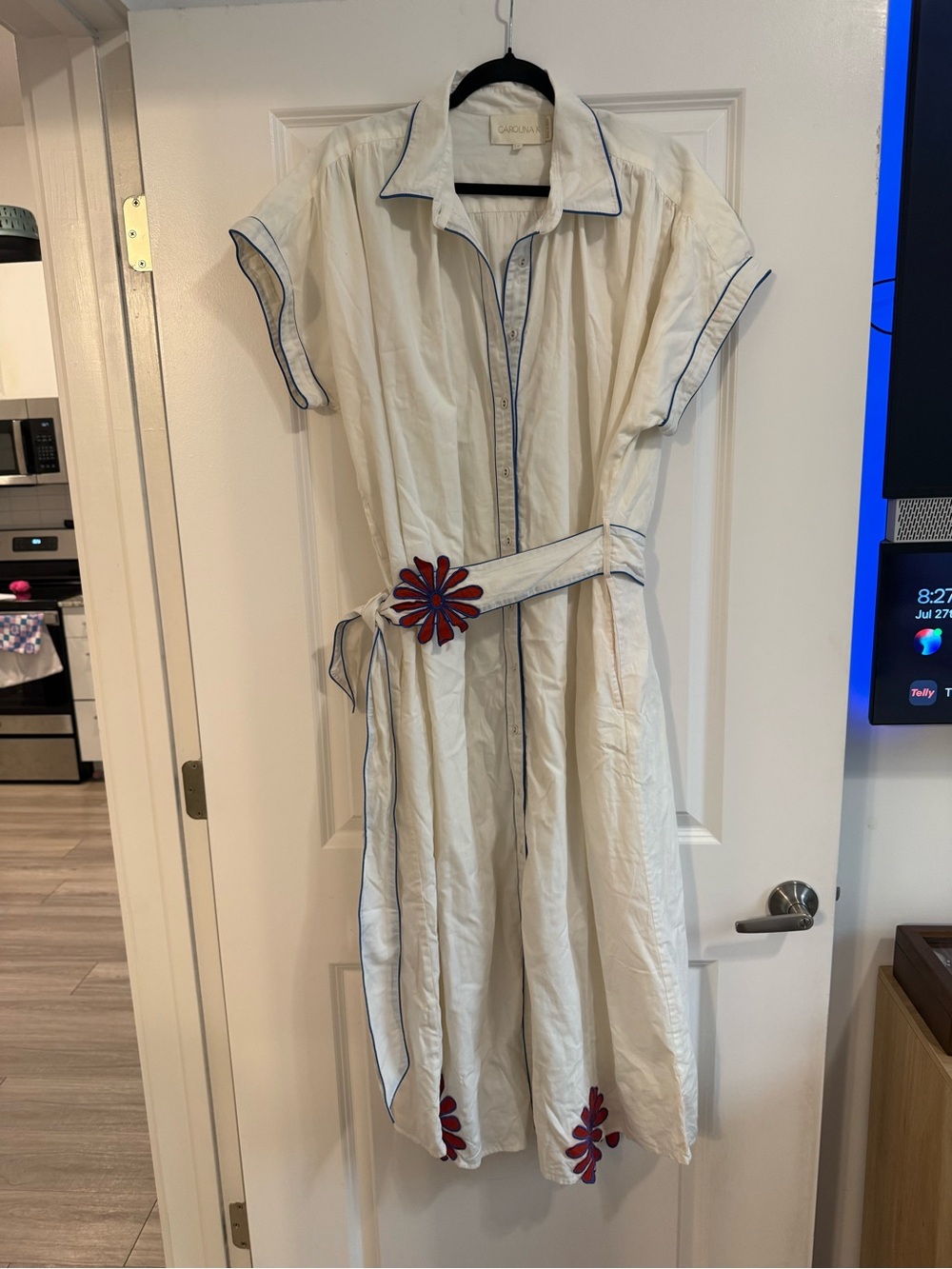 Carolina K Button-Front Dress with Blue Trim and Floral Belt